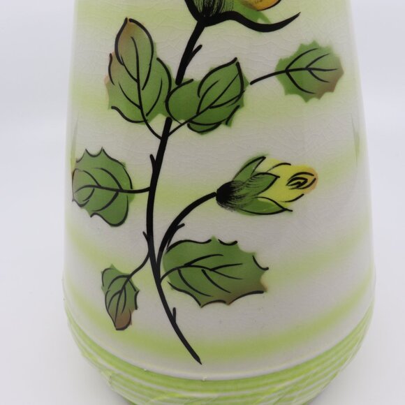 E Radford England Handpainted Woods Vase Roses Lime Green Stripes Embossed - Picture 7 of 9